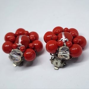 Vintage Red Cluster Bead with Crystal Cut Bead Clip On Earrings 1" Japan